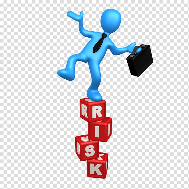 Blue businessman figure balancing on stacked red cubes spelling "RISK", holding briefcase, appearing unstable.