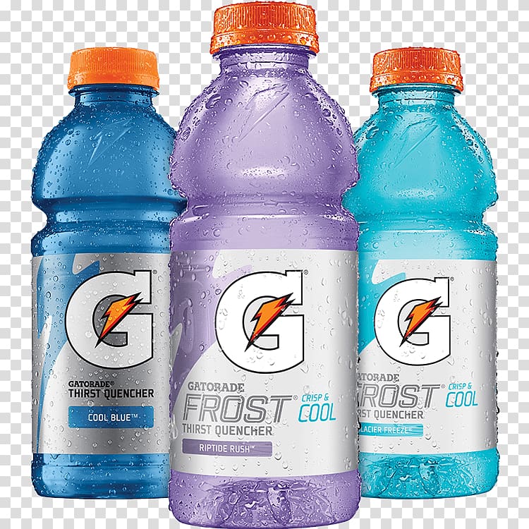Three chilled Gatorade Frost Thirst Quencher bottles-Cool Blue, Riptide Rush, and Glacier Freeze-with condensation droplets and orange caps.