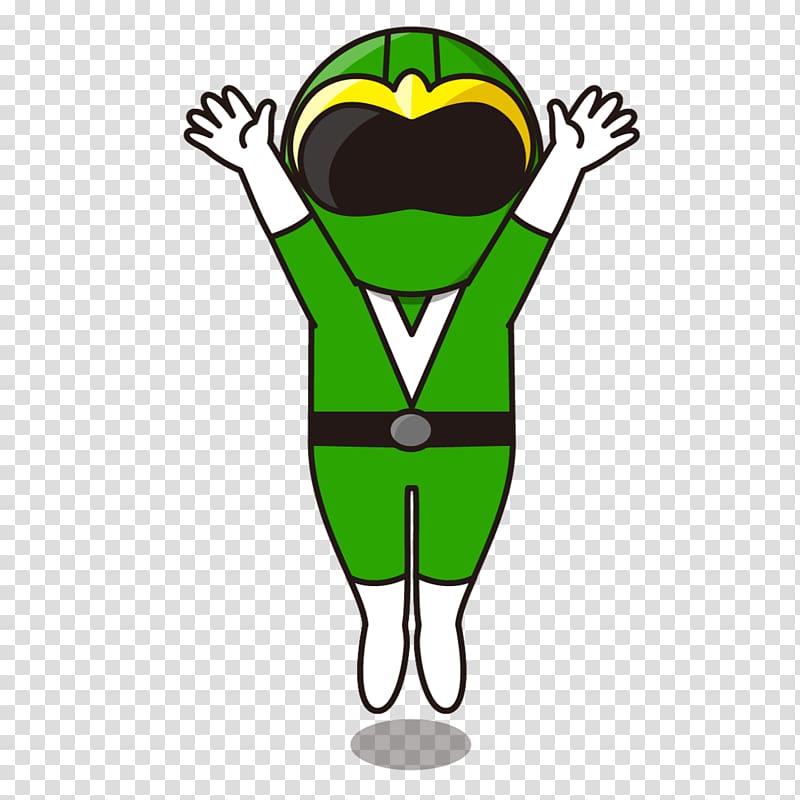Chibi-style green Power Ranger with arms raised, wearing helmet and suit, joyful pose on transparent background.