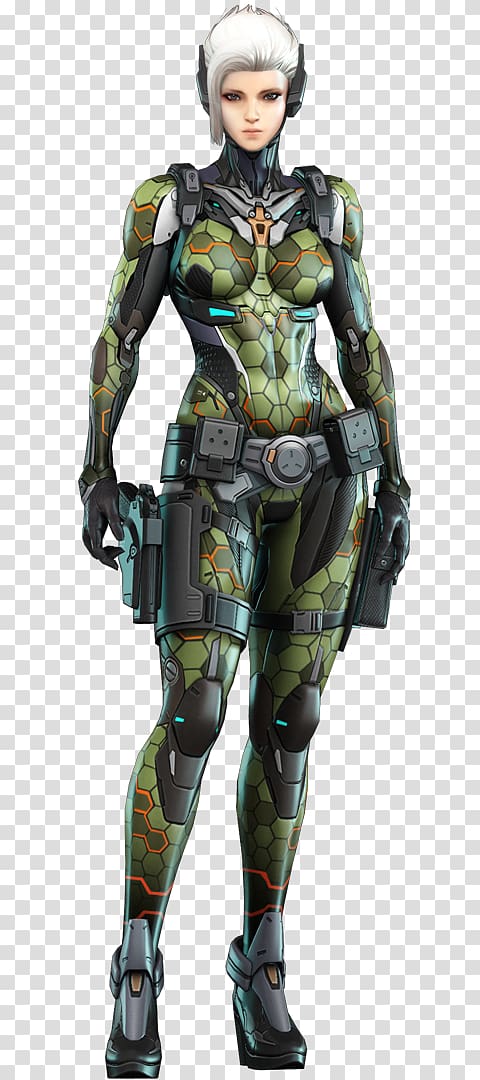 Futuristic female soldier in green hexagonal armored suit with white hair and tactical gear.