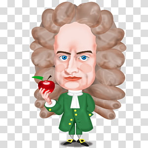 Caricature of Isaac Newton holding a red apple, wearing green coat and powdered wig.
