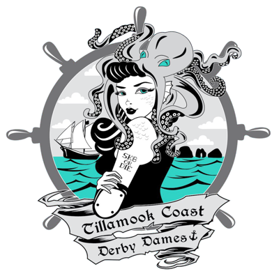 Logo for Tillamook Coast Derby Dames featuring a stylized mermaid with octopus tentacles, ship wheel, and ocean backdrop.