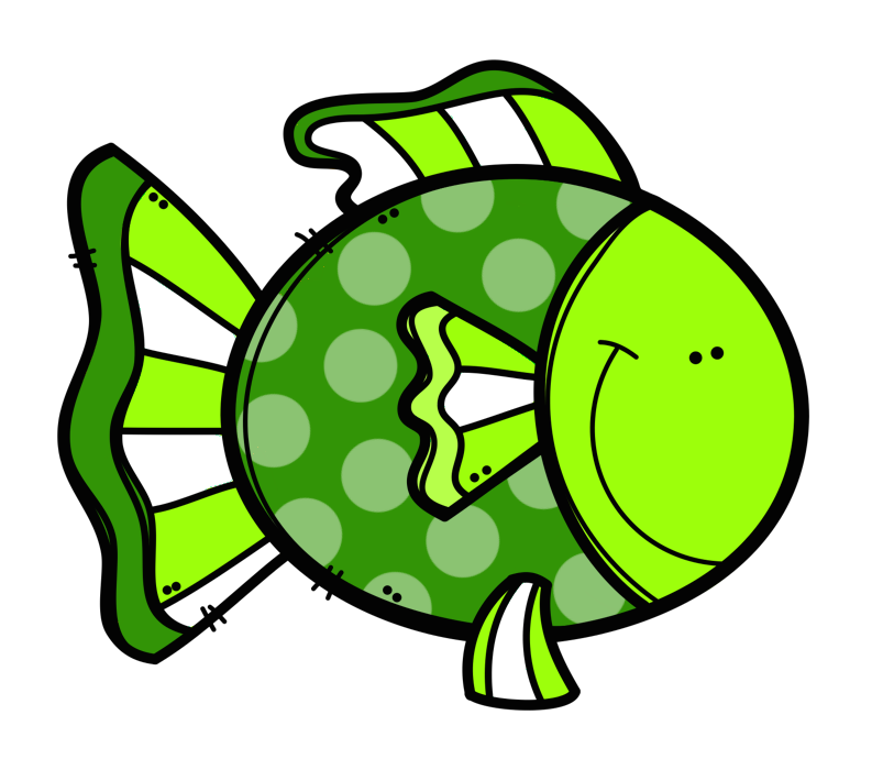 Bright green cartoon fish with polka dots, striped fins, and a smiling face on black background.