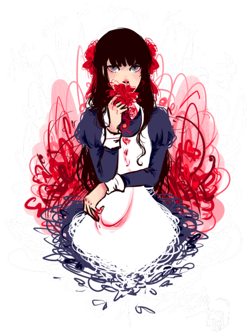 A dark-haired anime girl in a blue-and-white dress holds red roses amid swirling red and white abstract lines, with Japanese text above.