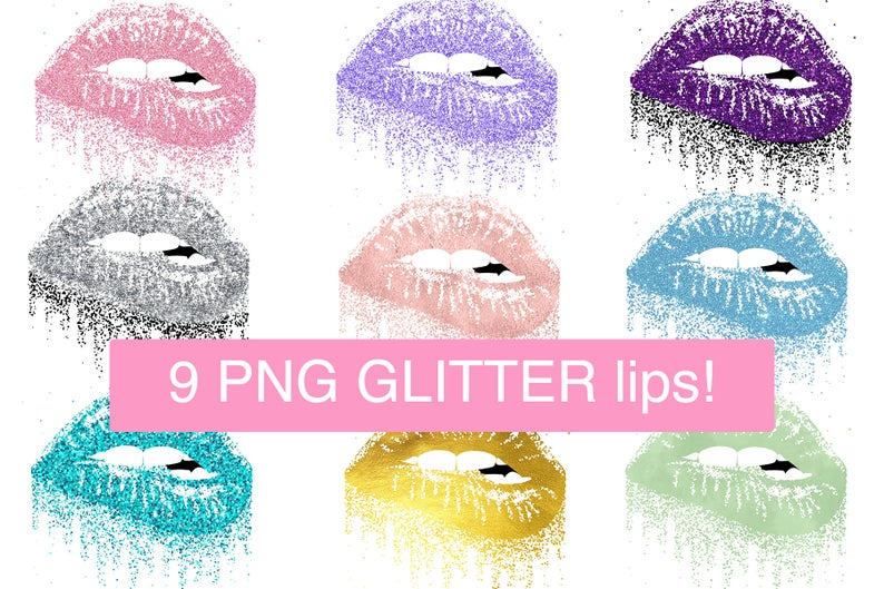 Nine glittery lip illustrations in pink, purple, black, silver, peach, blue, teal, gold, and green on white background.