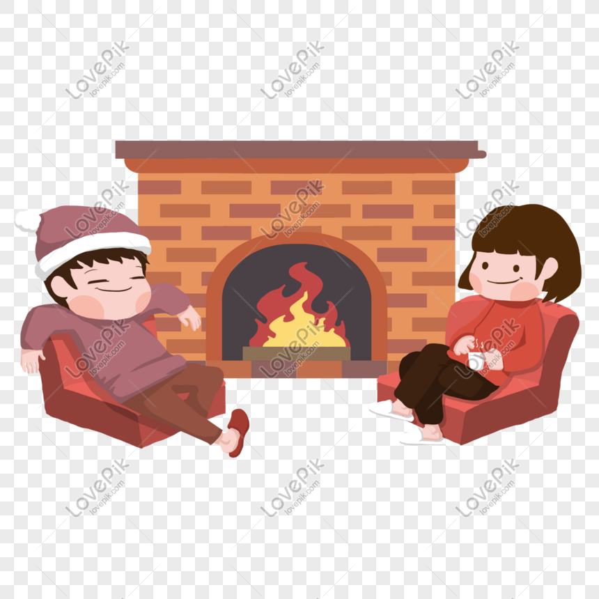 A boy and girl relax in armchairs by a cozy brick fireplace, enjoying warmth and holiday cheer.