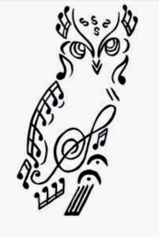 Stylized black-and-white owl composed entirely of musical symbols including treble clef, notes, and staff lines.