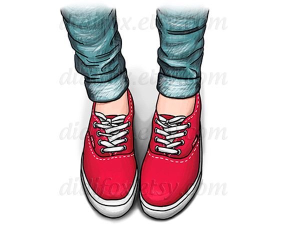 Red canvas sneakers with white laces and soles, worn with cuffed blue jeans, illustrated in a clean digital art style.