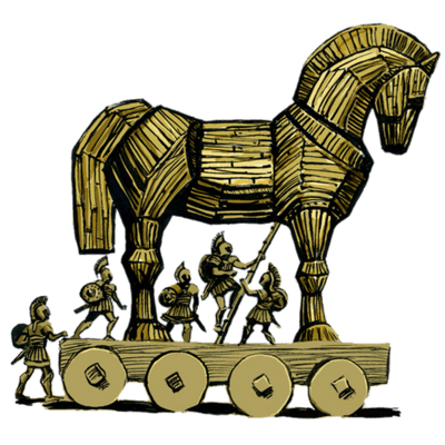 Wooden Trojan Horse on wheels with soldiers emerging, stylized medieval illustration.