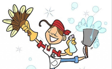Cheerful cartoon cleaner with feather duster, spray bottle, and bucket, surrounded by bubbles and sparkles.