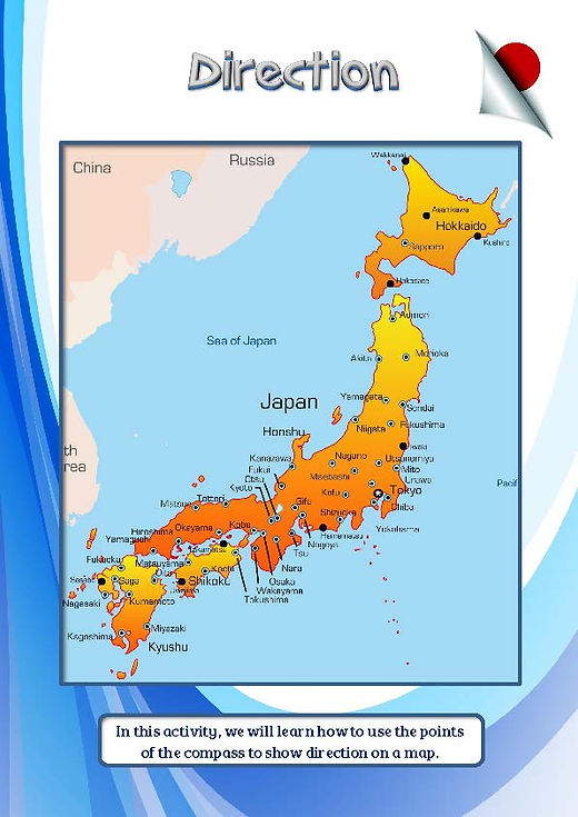Educational map of Japan showing major islands, cities, and compass direction usage for navigation instruction.