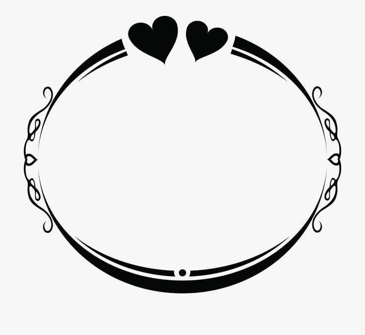 Elegant black oval frame with two hearts at top and ornate scrollwork on sides.