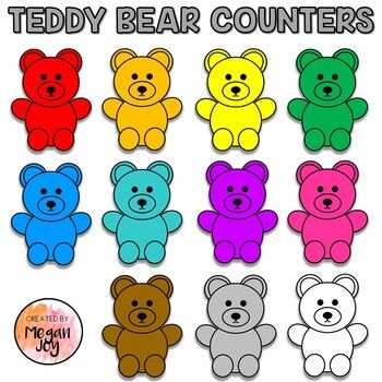 Colorful teddy bear counters in red, yellow, green, blue, teal, purple, pink, brown, gray, and white arranged in a grid.
