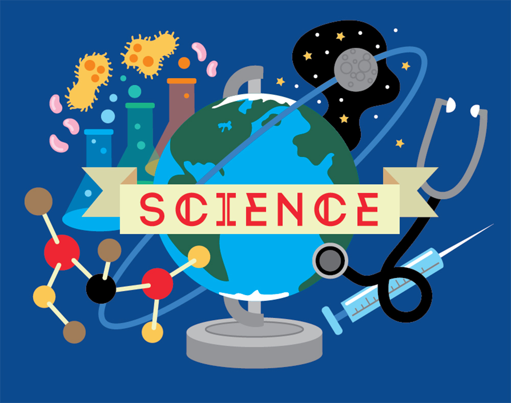 Illustrated globe surrounded by science symbols: microbes, beakers, DNA, stethoscope, syringe, and stars.