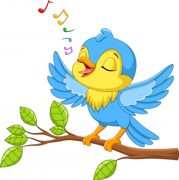 Blue cartoon bird singing joyfully on a leafy branch with colorful musical notes floating upward.
