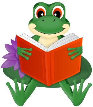 A cheerful green cartoon frog sits cross-legged, holding a red open book and a purple flower, smiling at the viewer.