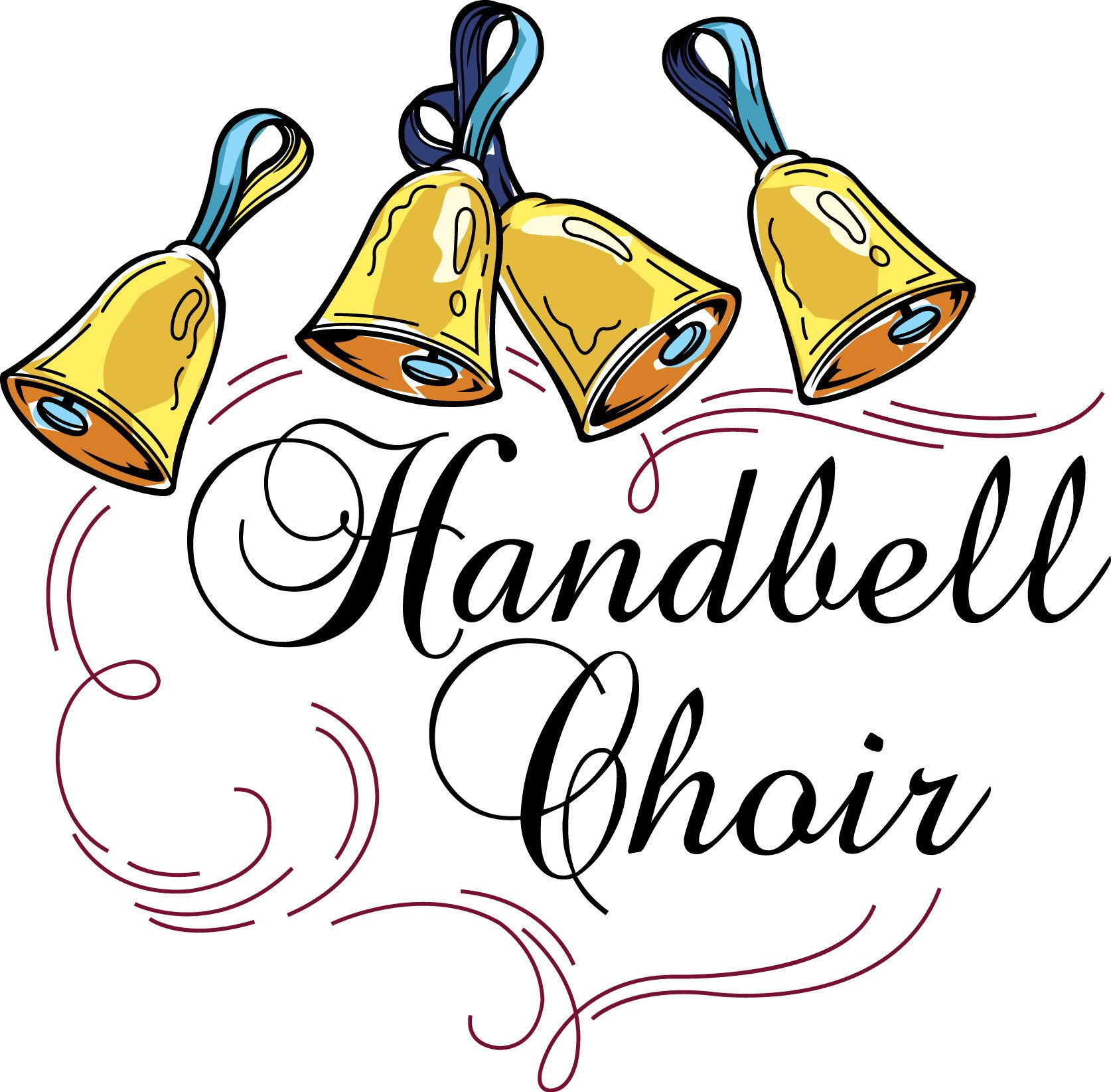 Four golden handbells with blue ribbons and decorative swirls, labeled "Handbell Choir" in elegant script.