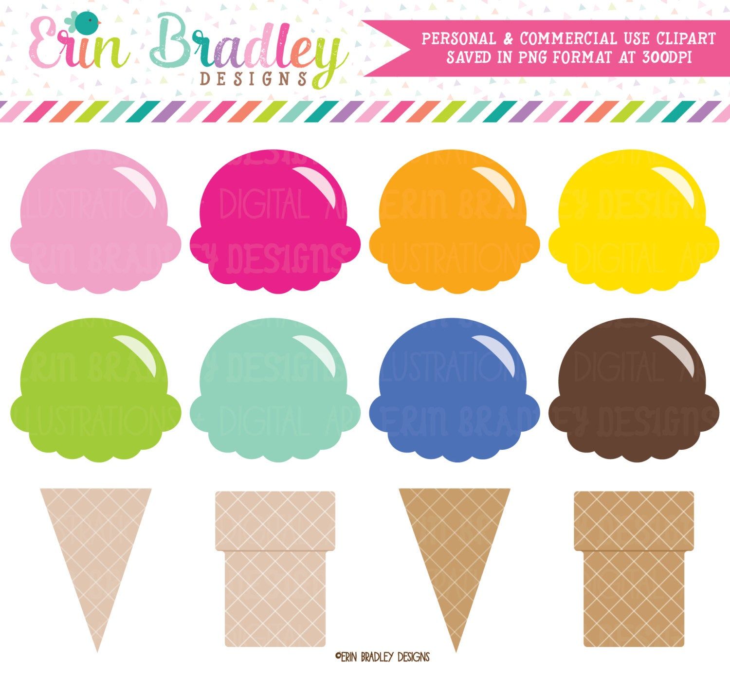 Ice Cream Clipart Set - Printable Scoops & Cones by Erin Bradley Designs