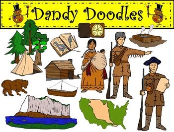 Dandy Doodles educational illustration featuring colonial-era figures, nature scenes, maps, and historical artifacts.