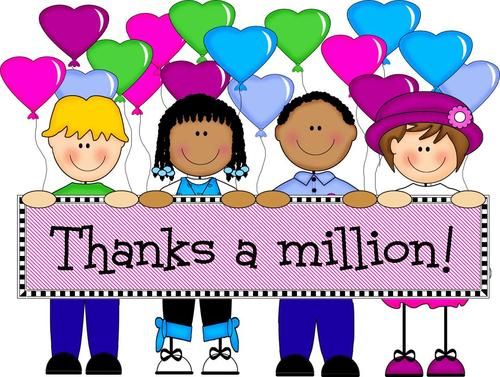 Four diverse cartoon children holding a "Thanks a million!" banner with colorful heart balloons above.