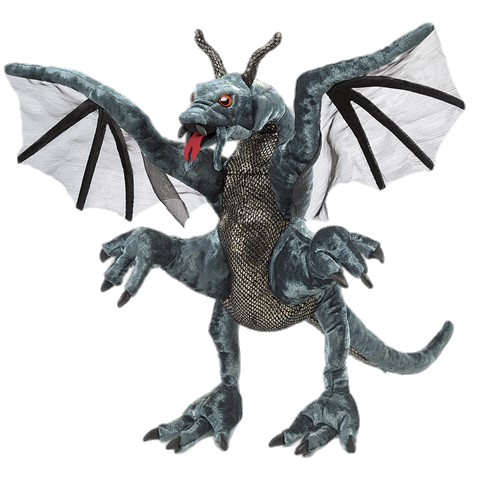 A plush gray dragon toy with white membranous wings, red eyes, and a forked tongue, posed mid-roar against a black background.