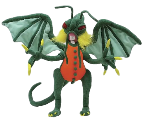 Green dragon-like plush toy with yellow hair, red eyes, orange vest, and spread wings.