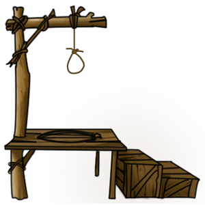 Rustic wooden gallows with noose, table with rope coil, and crates against a swirling green-pink backdrop.