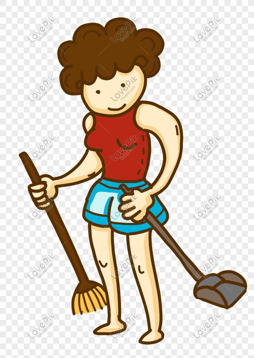 Cartoon woman with curly brown hair holding a broom and dustpan, wearing red top and blue shorts, smiling while cleaning.