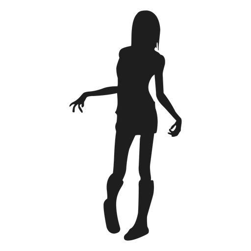Silhouette of a stylized female figure with elongated limbs and asymmetrical pose, black on white background.