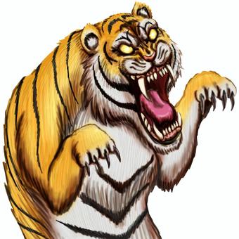 Fierce cartoon tiger roaring with bared teeth and extended claws, stylized with bold stripes and glowing yellow eyes.