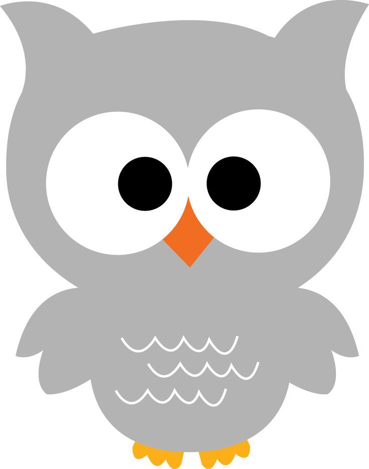 Gray cartoon owl with large white eyes, black pupils, orange beak and feet, and wavy feather details.