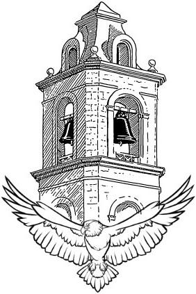 A detailed line drawing of a stone bell tower with two bells, surmounted by an eagle with outstretched wings.