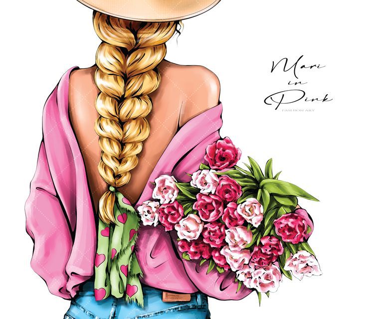 Mari in Pink - Fashion Art Illustration with Floral Bouquet