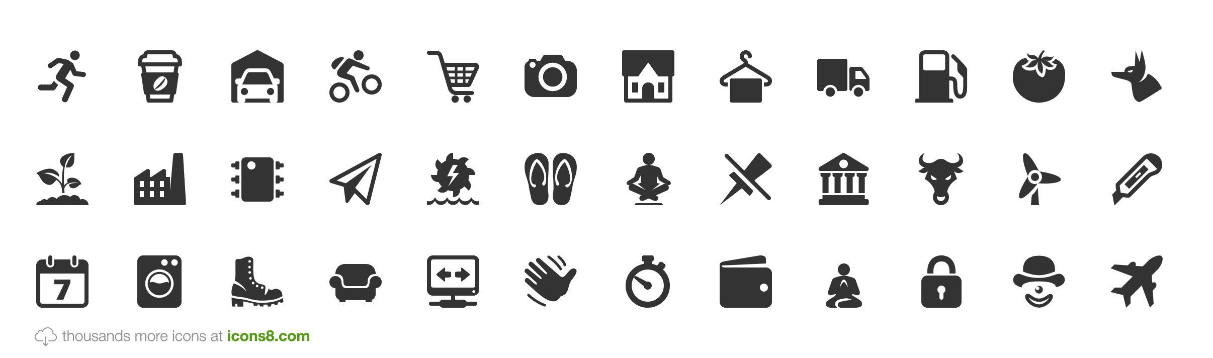 Grid of 33 black-and-white vector icons covering daily life, transport, tech, nature, and services.
