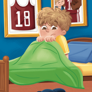 Boy Hiding Under Blanket in Bedroom - Playful Childhood Moment