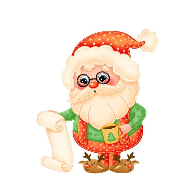 Cheerful cartoon Santa with glasses, holding a scroll and coffee mug, wearing reindeer slippers.