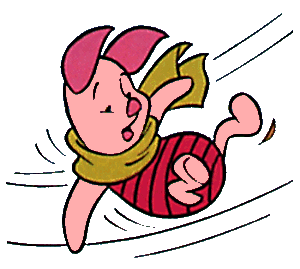 Piglet from Winnie the Pooh sliding joyfully in a striped outfit with scarf and wind lines.