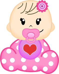 Cute cartoon baby girl with pink polka-dot outfit, pacifier, heart bib, and flower hair clip.