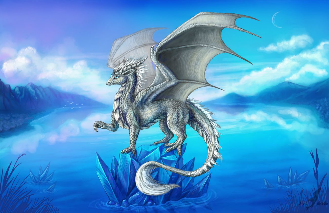 A majestic silver dragon with icy blue eyes perches atop glowing blue crystals in a serene lakeside landscape under a crescent moon.