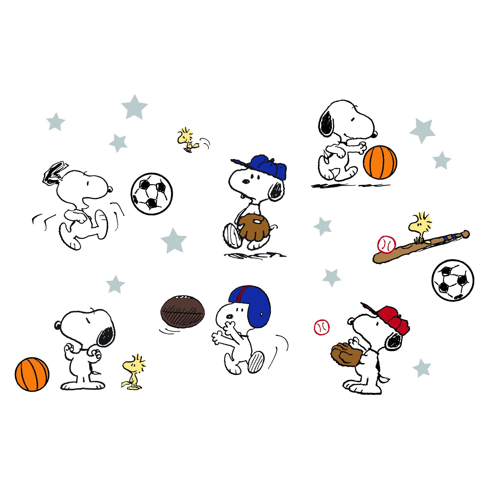 Snoopy and Woodstock playing soccer, baseball, football, and basketball with stars scattered around.