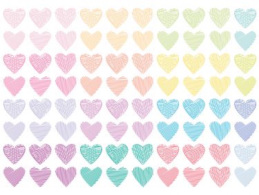 Grid of hand-drawn pastel hearts in soft pinks, yellows, blues, and purples with textured line fill on white background.