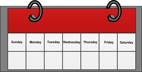 Simple illustrated weekly calendar with days Sunday through Saturday, red header, and ring-bound top.