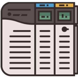 Illustration of a server rack with three vertical units, status lights, and ventilation slots.