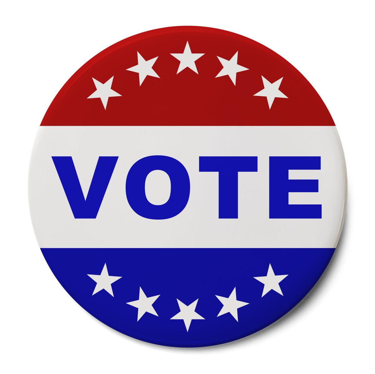 Red, white, and blue circular "VOTE" button with stars, symbolizing U.S. elections and civic participation.