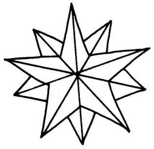 A black-and-white line drawing of a complex 12-pointed geometric star with overlapping triangular facets.