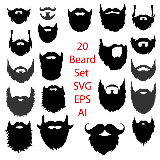 Collection of 20 stylized beard and mustache silhouettes in black and gray, available in SVG, EPS, and AI formats.
