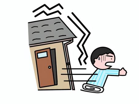 A cartoon house shaking during an earthquake with zigzag lines indicating tremors and a person fleeing.
