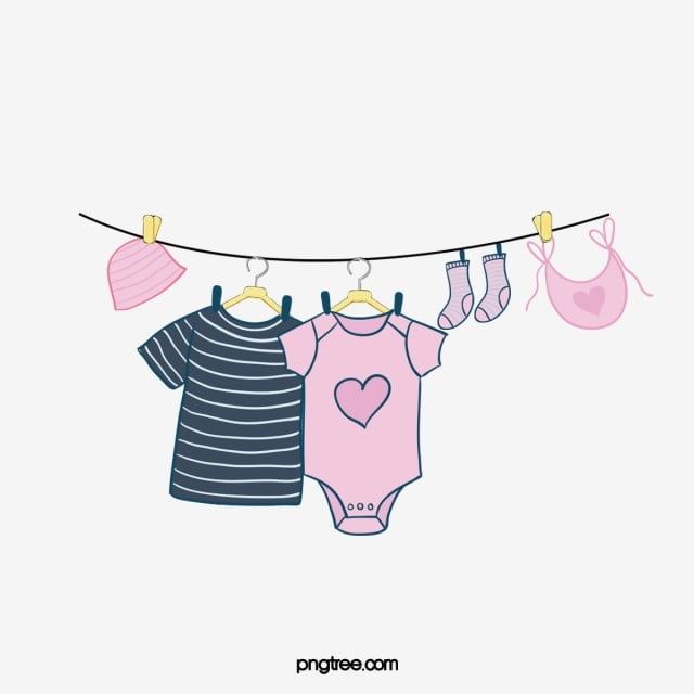 Baby clothes hanging on a clothesline: striped shirt, pink onesie with heart, socks, hat, and bib.