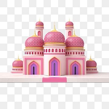 Stylized pink and purple mosque with ornate domes and arches on a transparent background.