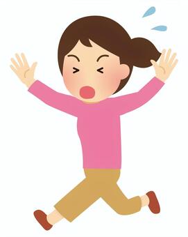 A cartoon girl in a pink shirt and brown pants running with arms raised, eyes squinted, and mouth open in surprise or excitement.